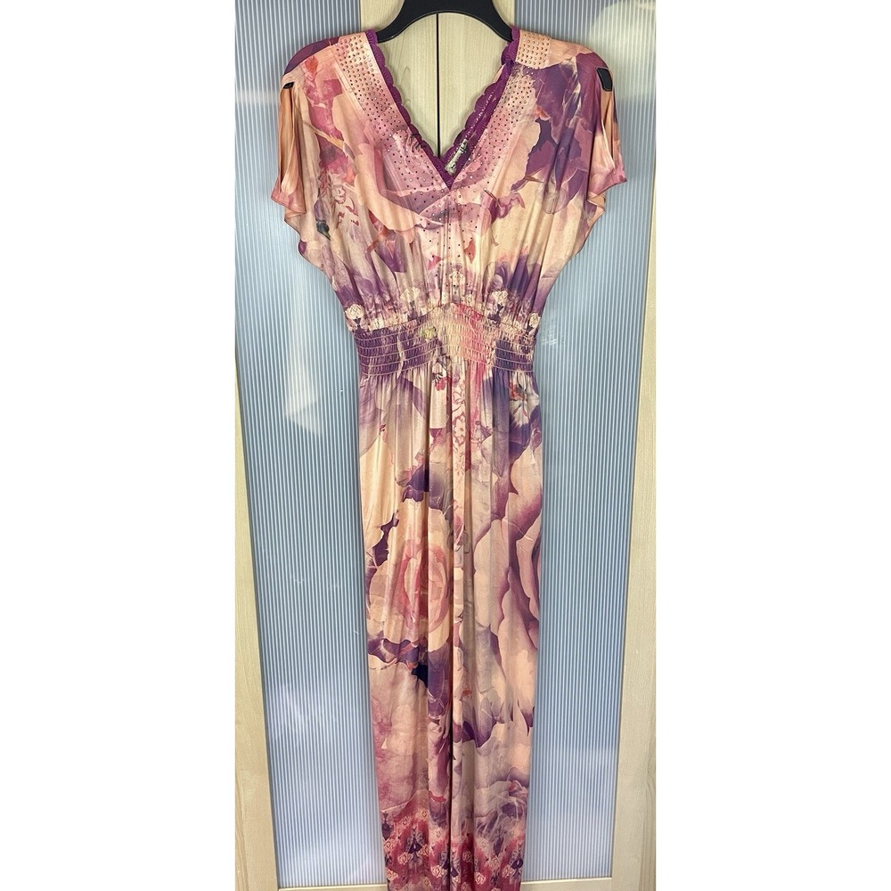 One World Maxi Dress Beaded Cold Shoulder Satin Sz S Beach Resort Party Boho‎